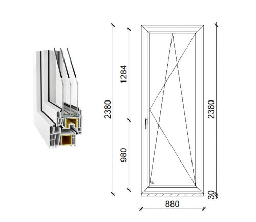 Decco 83 műanyag bukó-nyíló erkély ajtó 3 rétegű üveggel 90x240