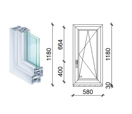 Kömmerling 60x120 műanyag bukó-nyíló ablak 2 rétegű üveggel
