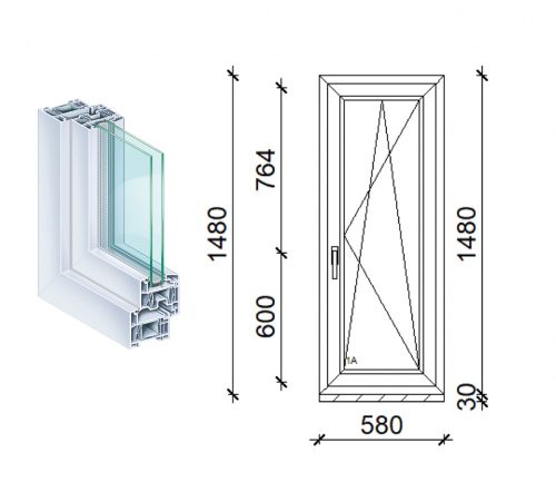 Kömmerling 60x150 műanyag bukó-nyíló ablak 2 rétegű üveggel