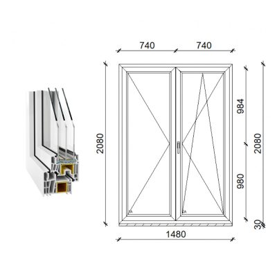   Decco 83 kétszárnyas műanyag erkély ajtó 3 rétegű üveggel 150x210
