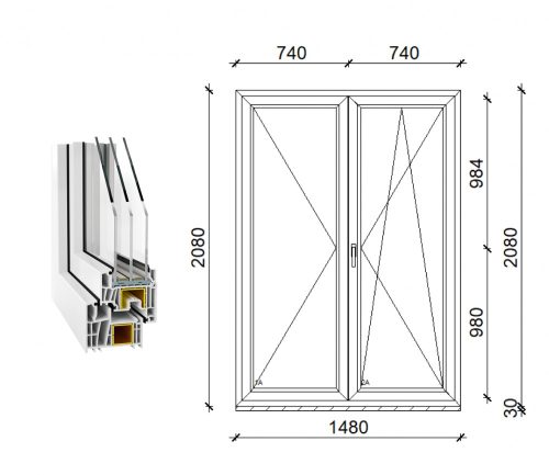 Decco 83 kétszárnyas műanyag erkély ajtó 3 rétegű üveggel 150x210