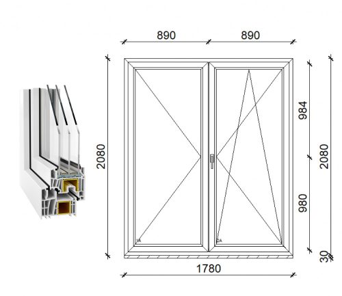 Decco 83 kétszárnyas műanyag erkély ajtó 3 rétegű üveggel 180x210 