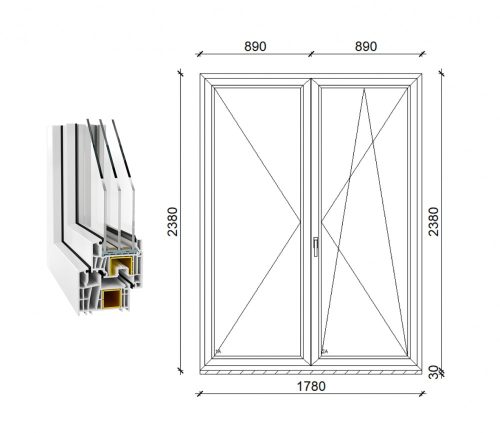 Decco 83 kétszárnyas műanyag erkély ajtó 3 rétegű üveggel 180x240