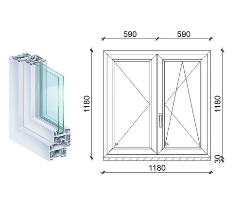 Kömmerling 120x120 kétszárnyas műanyag ablak 2 rétegű üvegezéssel