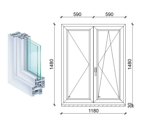 Kömmerling 120x150 kétszárnyas műanyag ablak 2 rétegű üvegezéssel