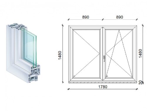 Kömmerling 180x150 kétszárnyas műanyag ablak 2 rétegű üvegezéssel