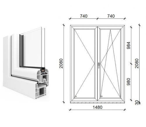 Arkitek 150x210 kétszárnyas műanyag erkélyajtó 2 rétegű üveggel kfbny