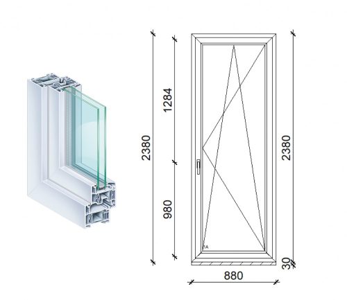 Kömmerling 90x240 műanyag bukó-nyíló erkély ajtó 2 rétegű üveggel