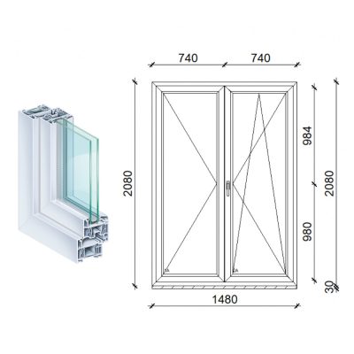   Kömmerling 150x210 kétszárnyas műanyag erkélyajtó 2 rétegű üveggel kfbny