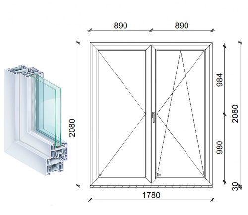 Kömmerling 180x210 kétszárnyas műanyag erkélyajtó 2 rétegű üveggel kfbny