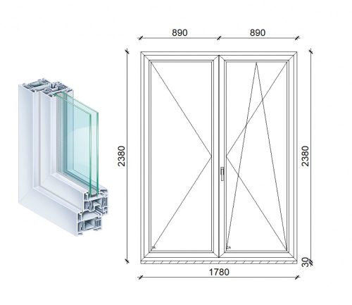 Kömmerling 180x240 kétszárnyas műanyag erkélyajtó 2 rétegű üveggel kfbny