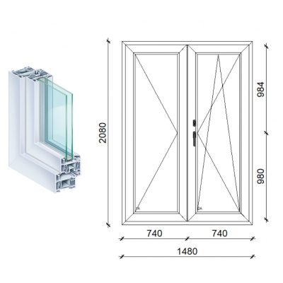   Kömmerling 150x210 kétszárnyas műanyag erkély ajtó 2 rétegű üveggel átmenőzárral kfbny