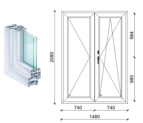 Kömmerling 150x210 kétszárnyas műanyag erkély ajtó 2 rétegű üveggel átmenőzárral kfbny