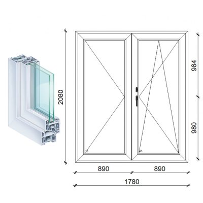   Kömmerling 180x210 kétszárnyas műanyag erkély ajtó 2 rétegű üveggel átmenőzárral kfbny