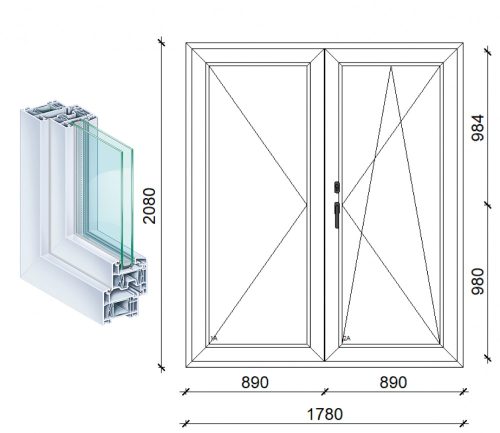 Kömmerling 180x210 kétszárnyas műanyag erkély ajtó 2 rétegű üveggel átmenőzárral kfbny