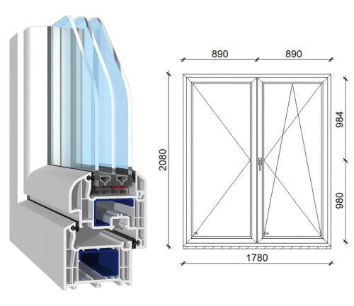Decco 71 kétszárnyas műanyag erkély ajtó 3 rétegű üveggel 180x210