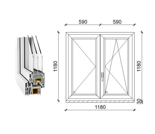Decco 83 kétszárnyas műanyag ablak 3 rétegű üveggel 120x120