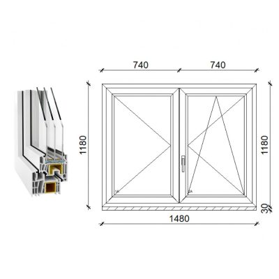   Decco 83 kétszárnyas műanyag ablak 3 rétegű üveggel 150x120