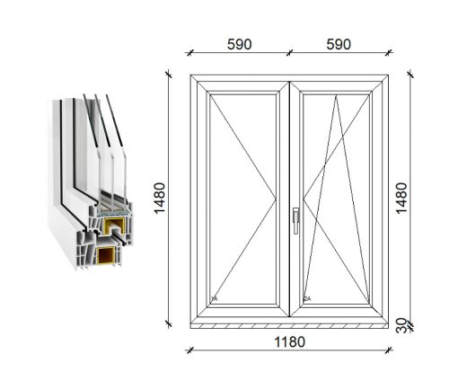 Decco 83 kétszárnyas műanyag ablak 3 rétegű üveggel 120x150